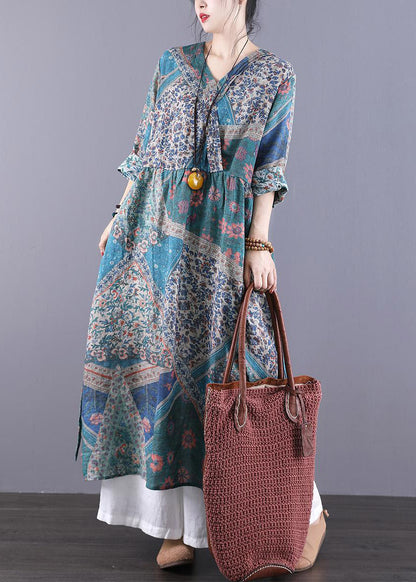 Navy V Neck Print Patchwork Wrinkled Dress Long Sleeve