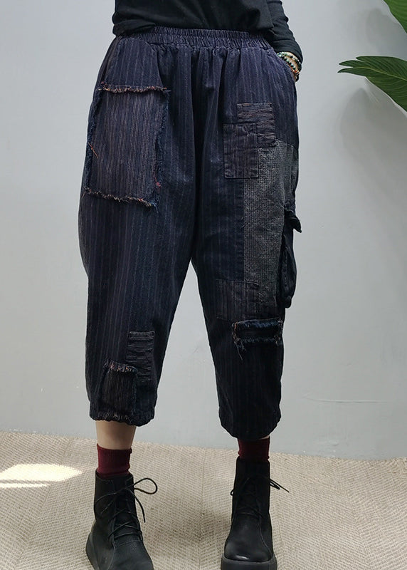 Navy Elastic Waist Pockets Patchwork Pants Spring