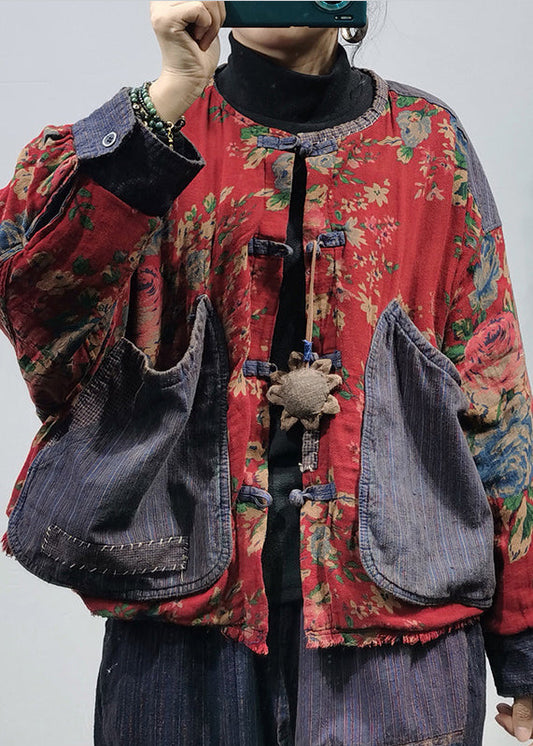 O-neck Button Big Pockets Patchwork Print Cotton Coats Long Sleeve