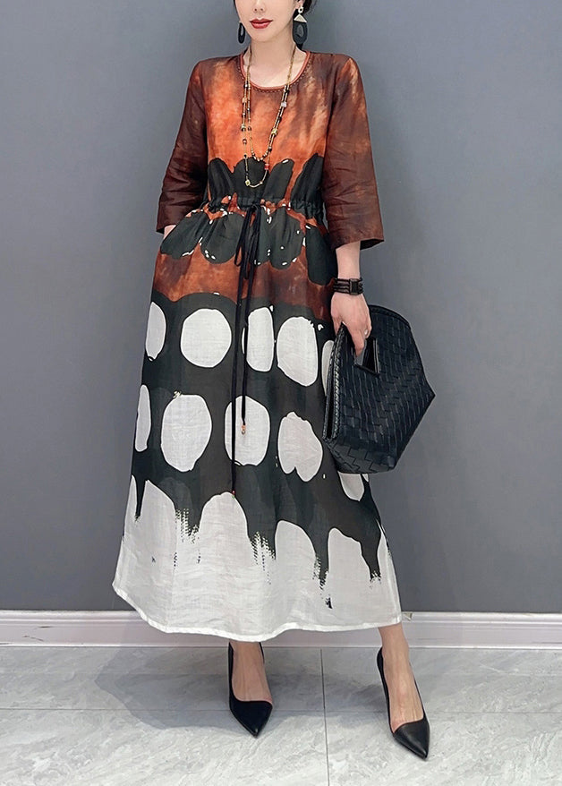 O-neck Cinched Print Long Dress Bracelet Sleeve