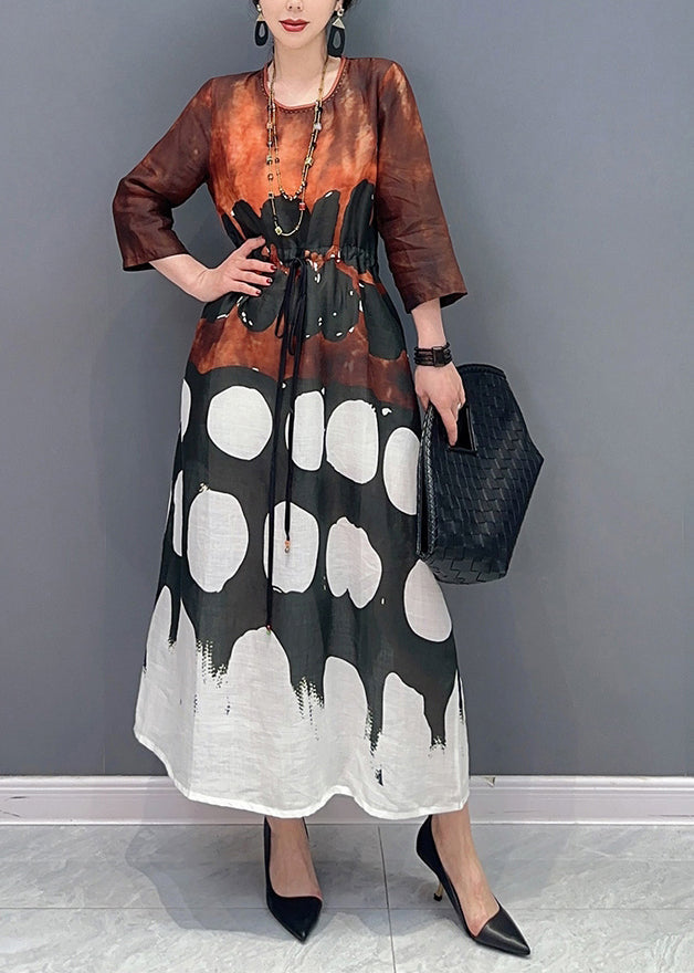 O-neck Cinched Print Long Dress Bracelet Sleeve