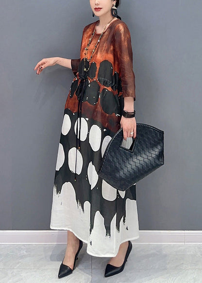 O-neck Cinched Print Long Dress Bracelet Sleeve