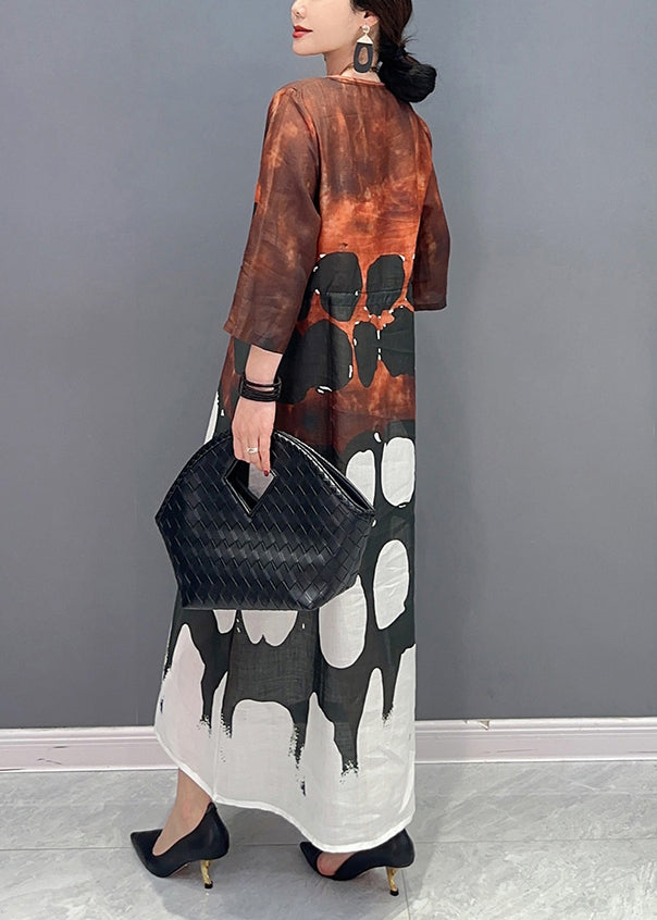 O-neck Cinched Print Long Dress Bracelet Sleeve