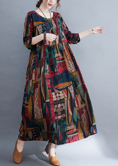 O-neck Patchwork Print Cotton Cozy Maxi Dress Long Sleeve