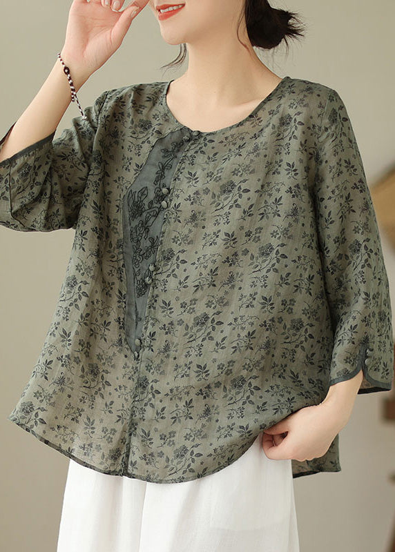 O-neck Print Button Linen Shirt Long Sleeve