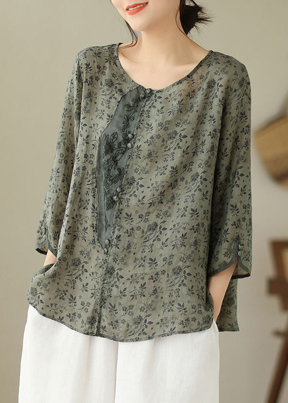 O-neck Print Button Linen Shirt Long Sleeve