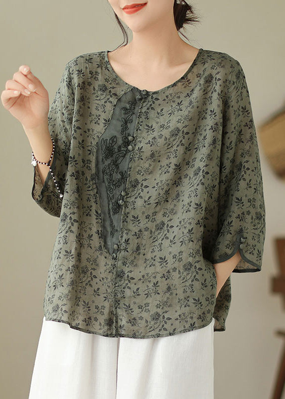 O-neck Print Button Linen Shirt Long Sleeve