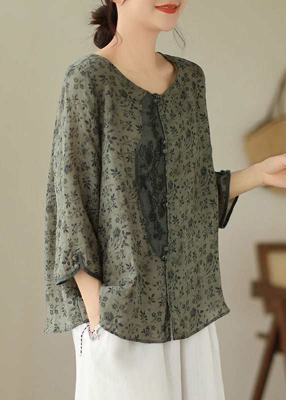 O-neck Print Button Linen Shirt Long Sleeve