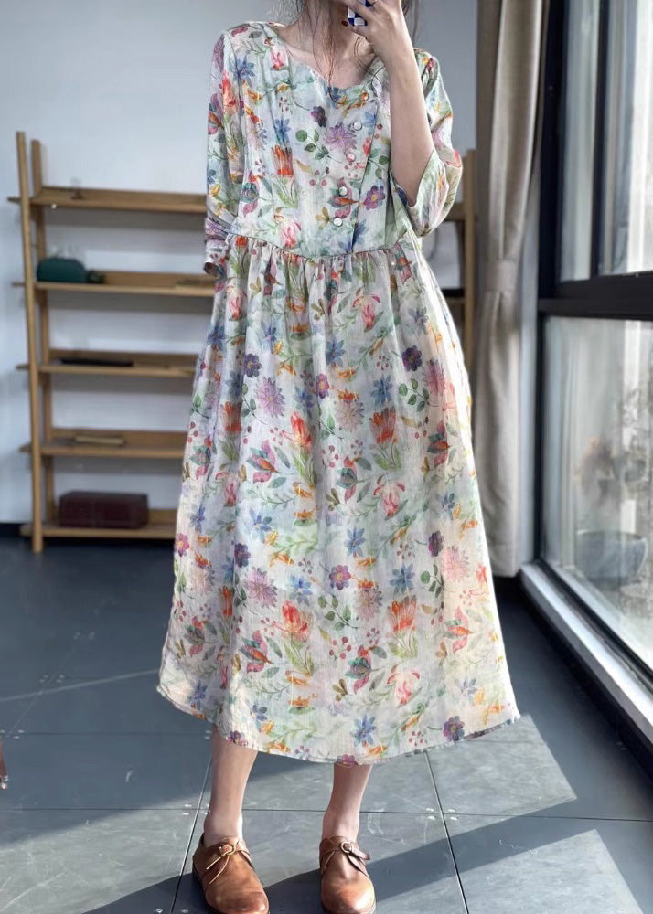 O Neck Print Patchwork Cotton Dress Bracelet Sleeve