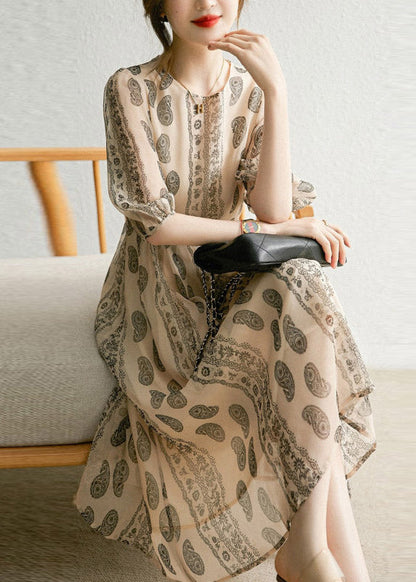 O-neck Print Patchwork Zippered Silk Long Dresses Half Sleeve