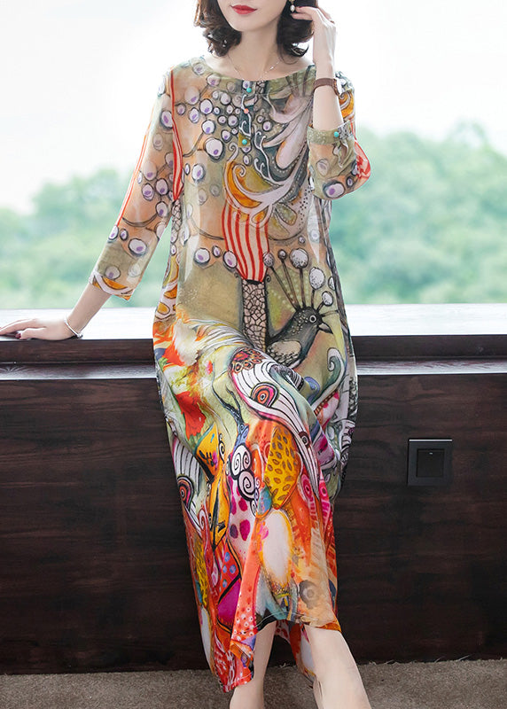 O-neck Print Silk Vacation Long Dresses Long Sleeve
