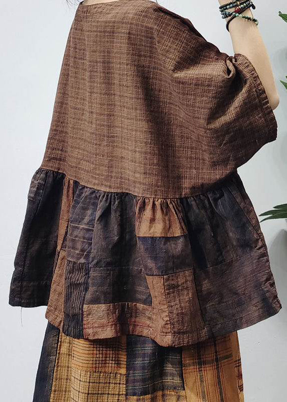 O-neck Wrinkled Patchwork Plaid Shirts Half Sleeve