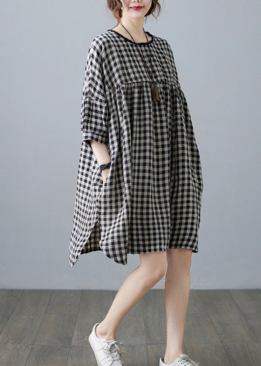 O-neck Wrinkled Pocket Yellow Linen Loose Dresses Half Sleeve