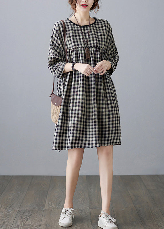 O-neck Wrinkled Pocket Green Linen Loose Dresses Half Sleeve