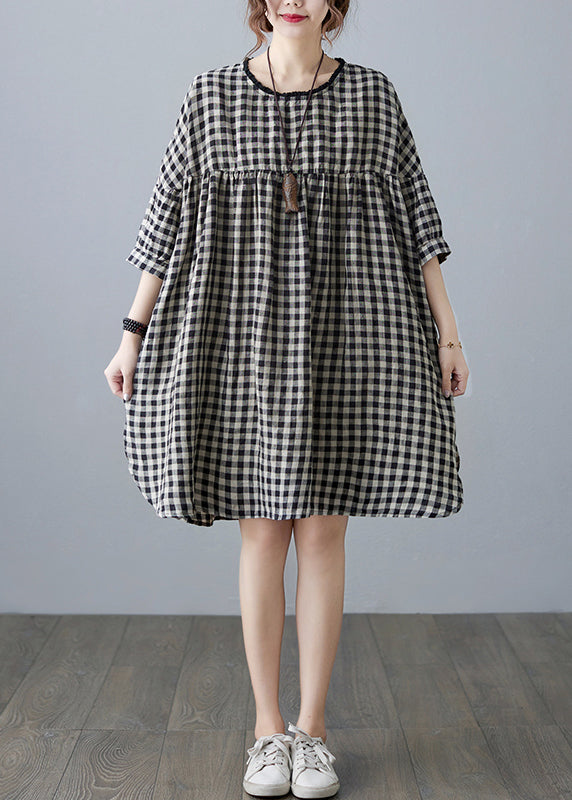 O-neck Wrinkled Pocket Yellow Linen Loose Dresses Half Sleeve