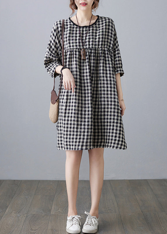 O-neck Wrinkled Pocket Blue Linen Loose Dresses Half Sleeve