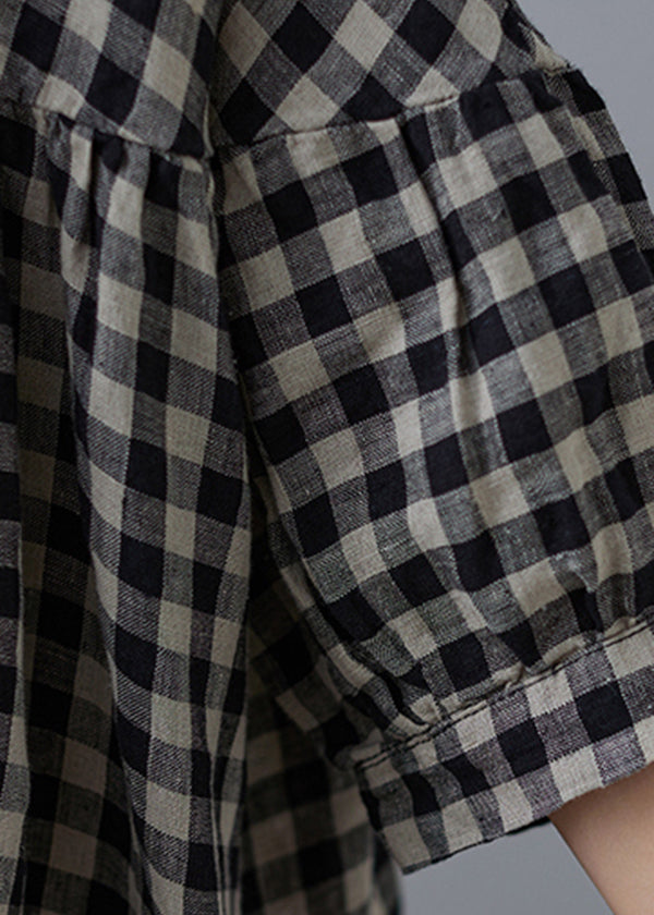 O-neck Wrinkled Pocket Blue Linen Loose Dresses Half Sleeve