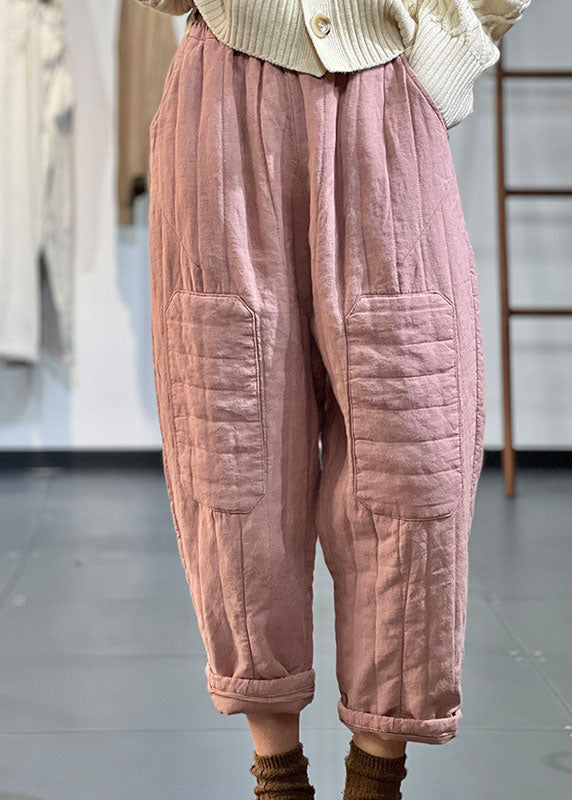 Orange Elastic Waist Patchwork Applique Fine Cotton Filled Harem Pants Winter