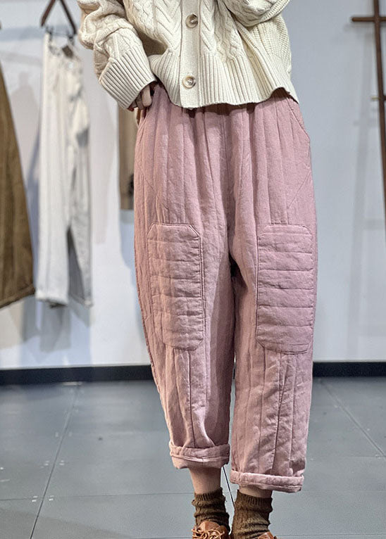 Orange Elastic Waist Patchwork Applique Fine Cotton Filled Harem Pants Winter