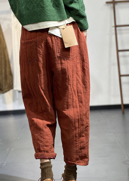 Orange Elastic Waist Patchwork Applique Fine Cotton Filled Harem Pants Winter