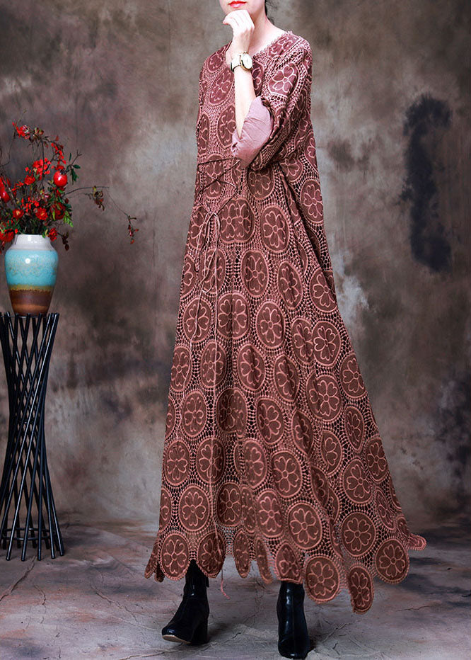 Orange Embroideried Asymmetrical Design Fall Dress Long Sleeve