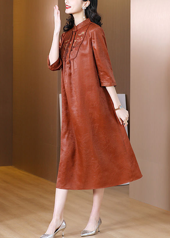 Orange Mandarin Collar Cinched Silk Dresses Half Sleeve