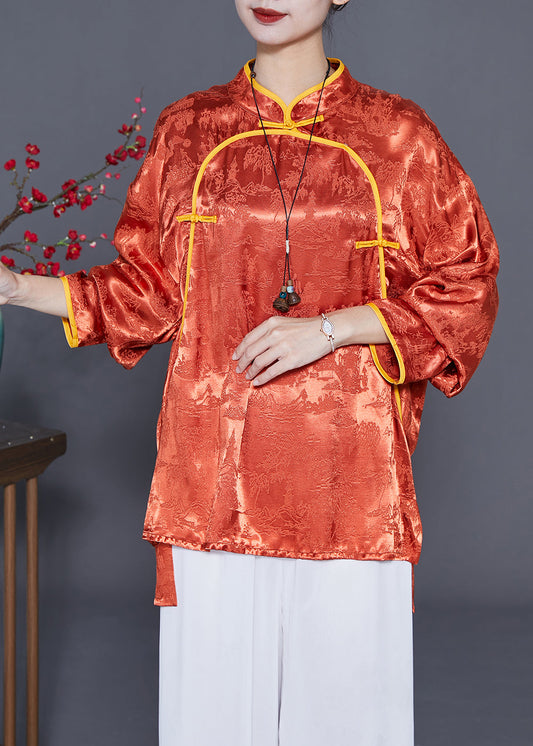 Orange Mandarin Collar Jacquard Chinese Button Silk Shirts Summer