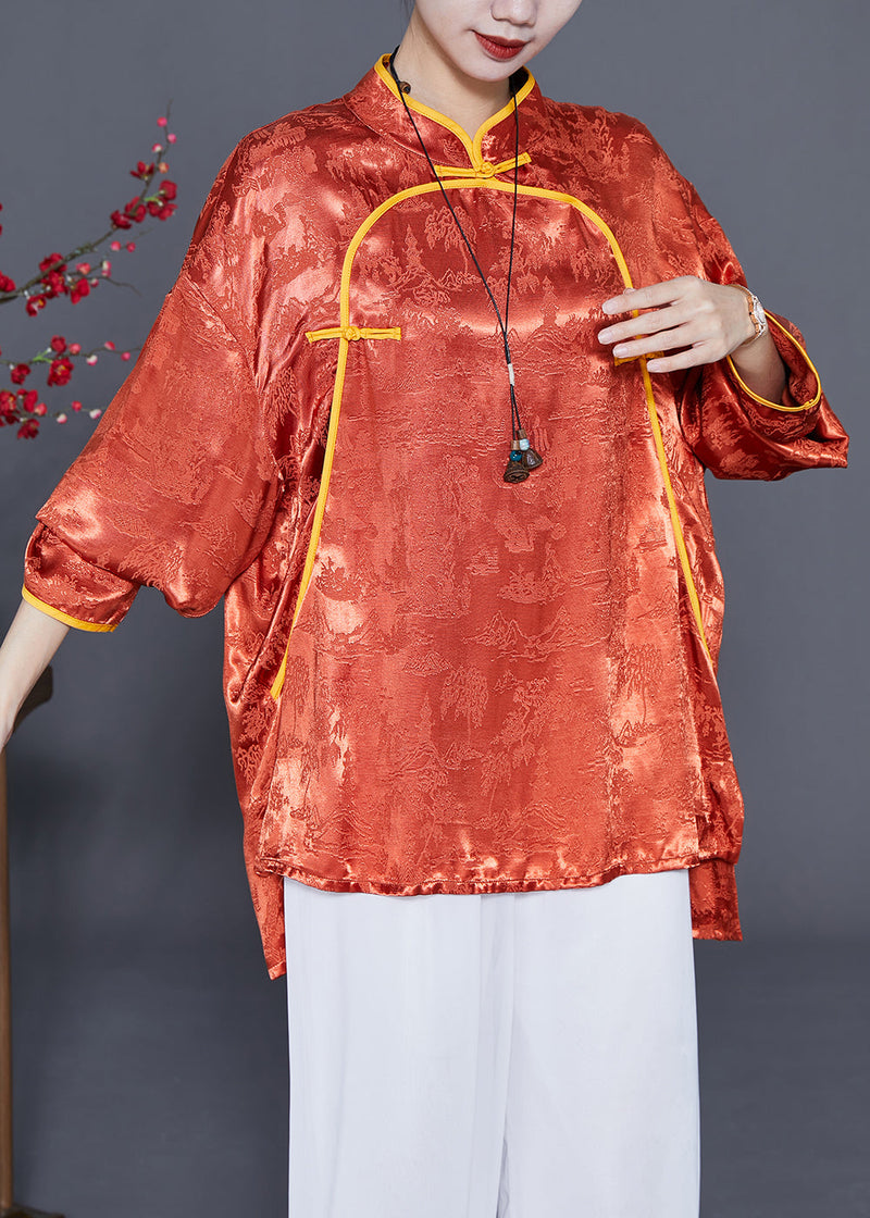 Orange Mandarin Collar Jacquard Chinese Button Silk Shirts Summer