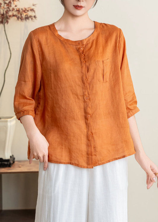 Orange O Neck Button Linen Shirts Summer