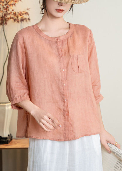 Orange O Neck Button Linen Shirts Summer