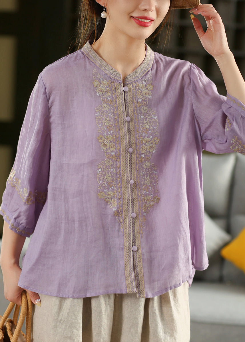 Orange O-neck Embroidered Linen Shirt Summer