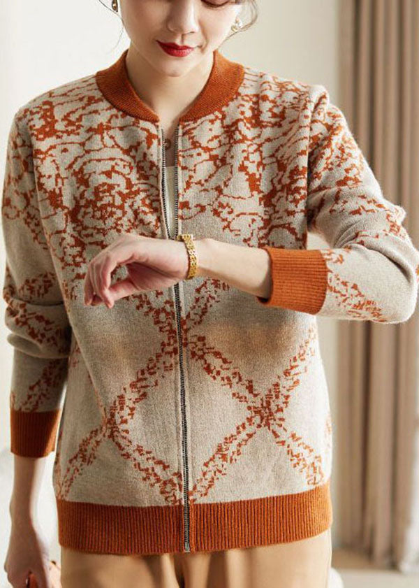 Orange O-neck Embroideried Warm Woolen Coat Long Sleeve