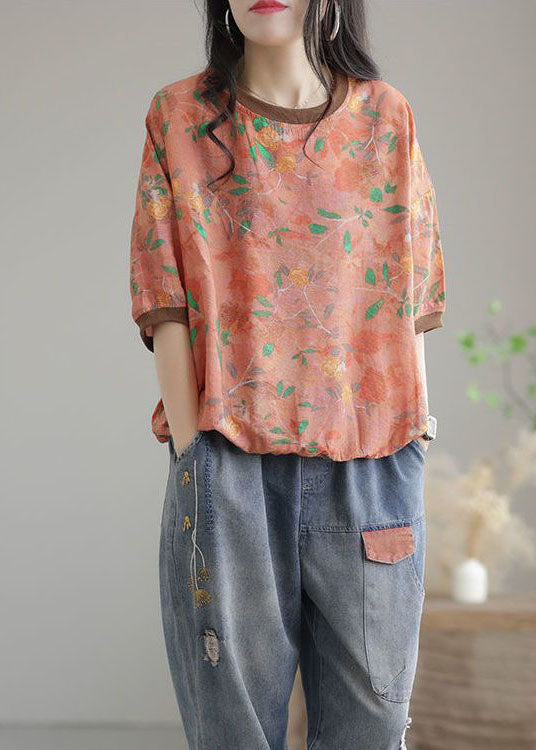 Orange O Neck Patchwork Cotton T Shirt Top Summer