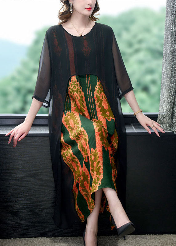 Orange O Neck Print Patchwork Silk Dress Summer