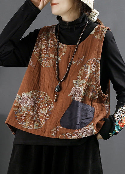 Orange O Neck Print Pockets Thick Waistcoat Sleeveless