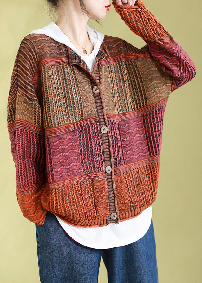 Orange O-neck Striped Patchwork Button Cotton Knit Cardigan Spring