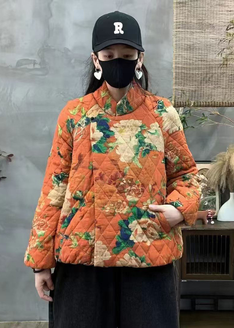 Orange Oversized Print Fine Cotton Filled Coats Winter