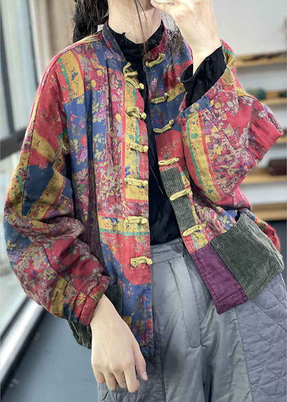 Red Pockets Button Print Fall Long Sleeve Coat