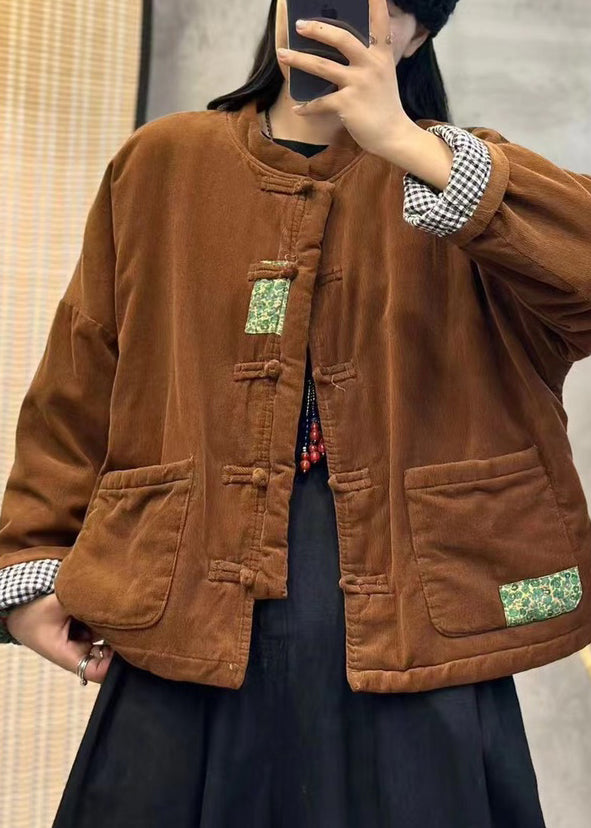 Orange Pockets Chinese Button Corduroy Fine Cotton Filled Jackets Winter
