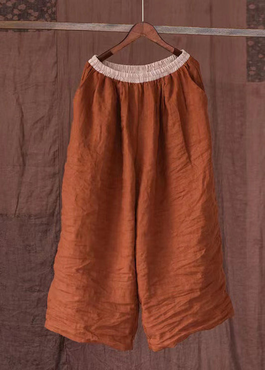 Orange Pockets Elastic Waist Linen Pants Summer