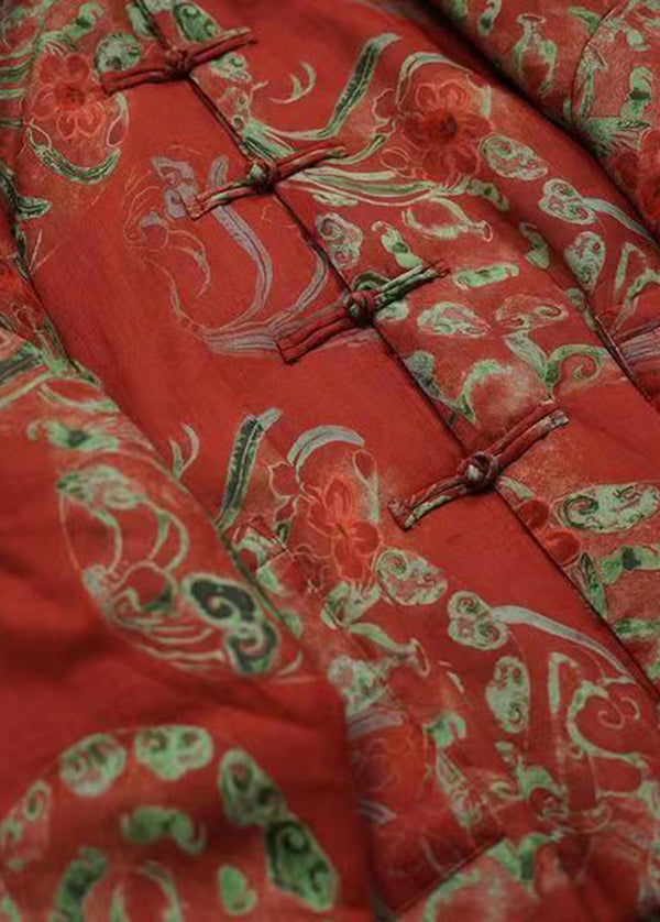 Orange Print Chinese Button Fine Cotton Filled Coats Winter