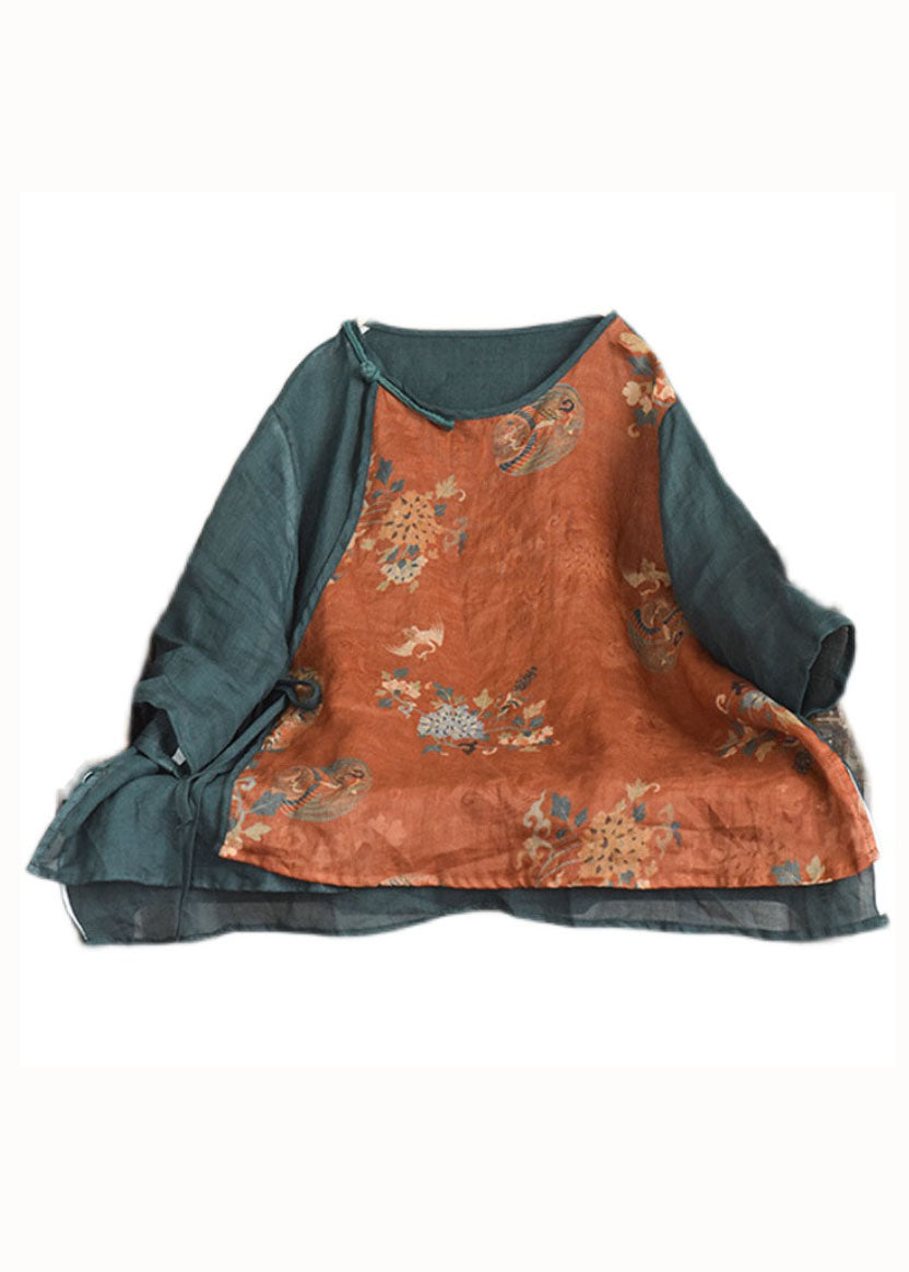 Orange Print Chinese Button Lace Up Patchwork Linen Shirt Summer