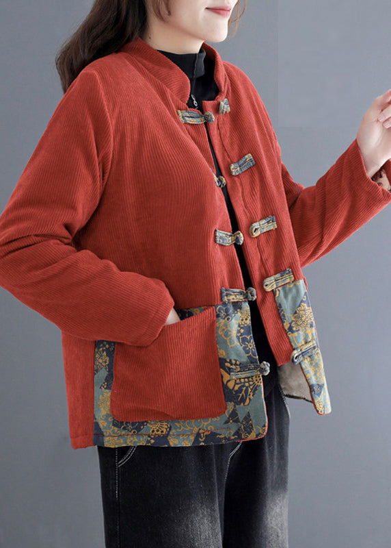 Orange Print Patchwork Pockets Thick Corduroy Parka Fall