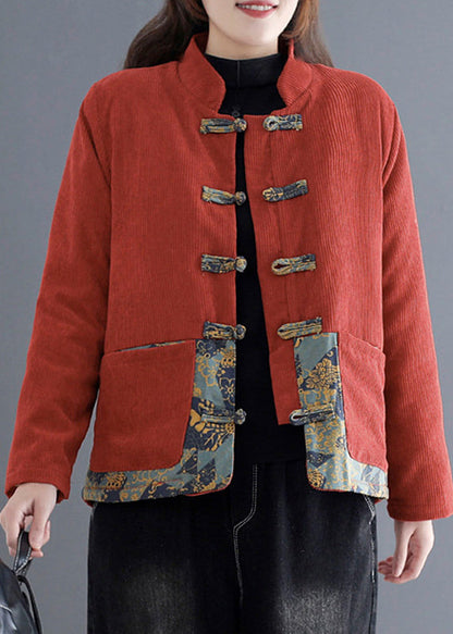 Orange Print Patchwork Pockets Thick Corduroy Parka Fall