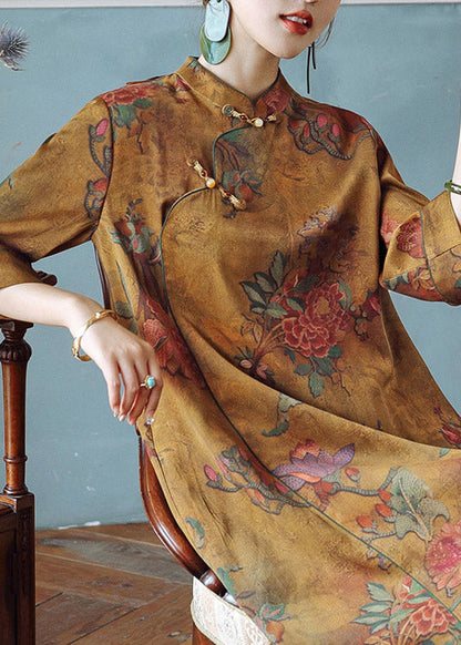 Orange Print Stand Collar Button Silk Maxi Dresses Spring