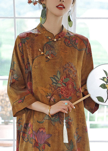 Orange Print Stand Collar Button Silk Maxi Dresses Spring