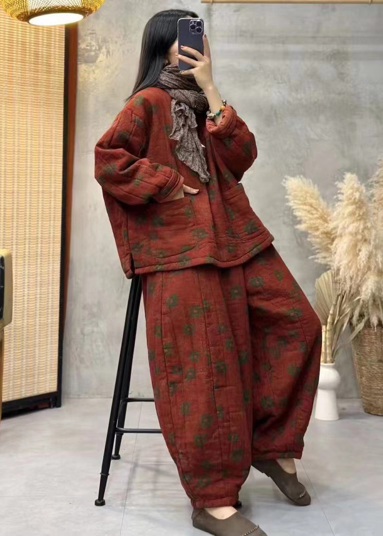 Orange Print Tops and Pants Fine Cotton Filled Two Pieces Set Spring