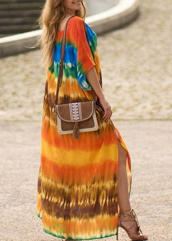 Orange Side Open Print Long Beach Dresses Short Sleeve