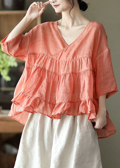Orange Loose Linen Shirt Tops Half Sleeve