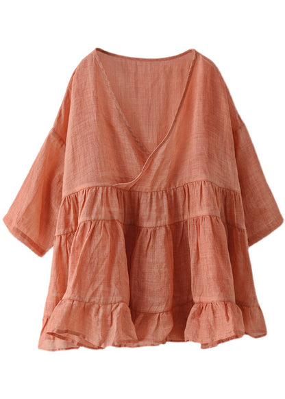 Orange Loose Linen Shirt Tops Half Sleeve
